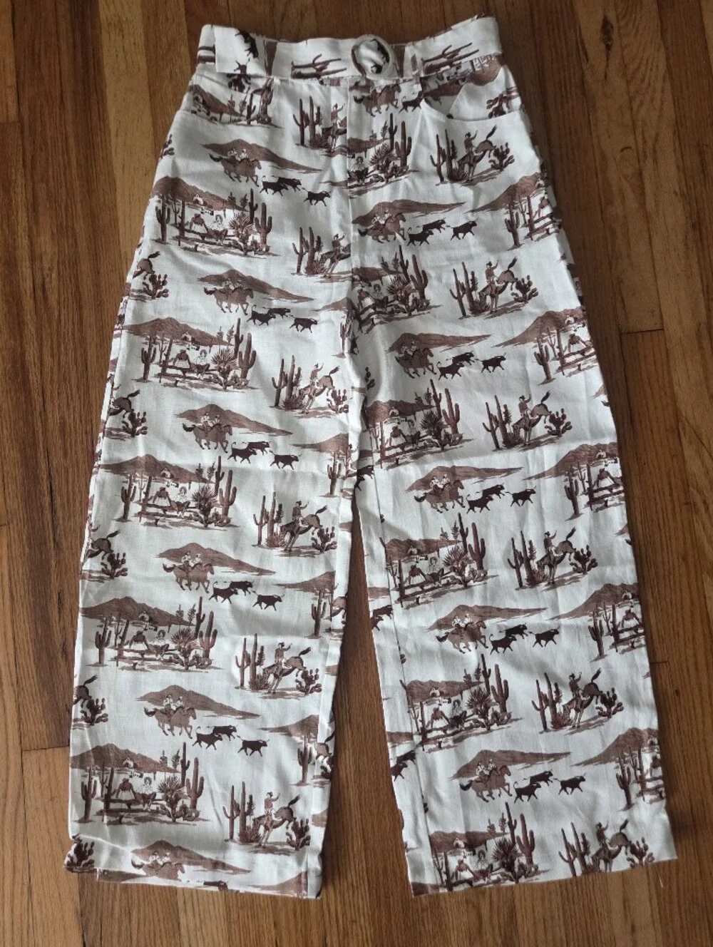 Reformation Riza 100% Linen Pants Sonora Cowboy Print High Rise Wide Leg Size 29